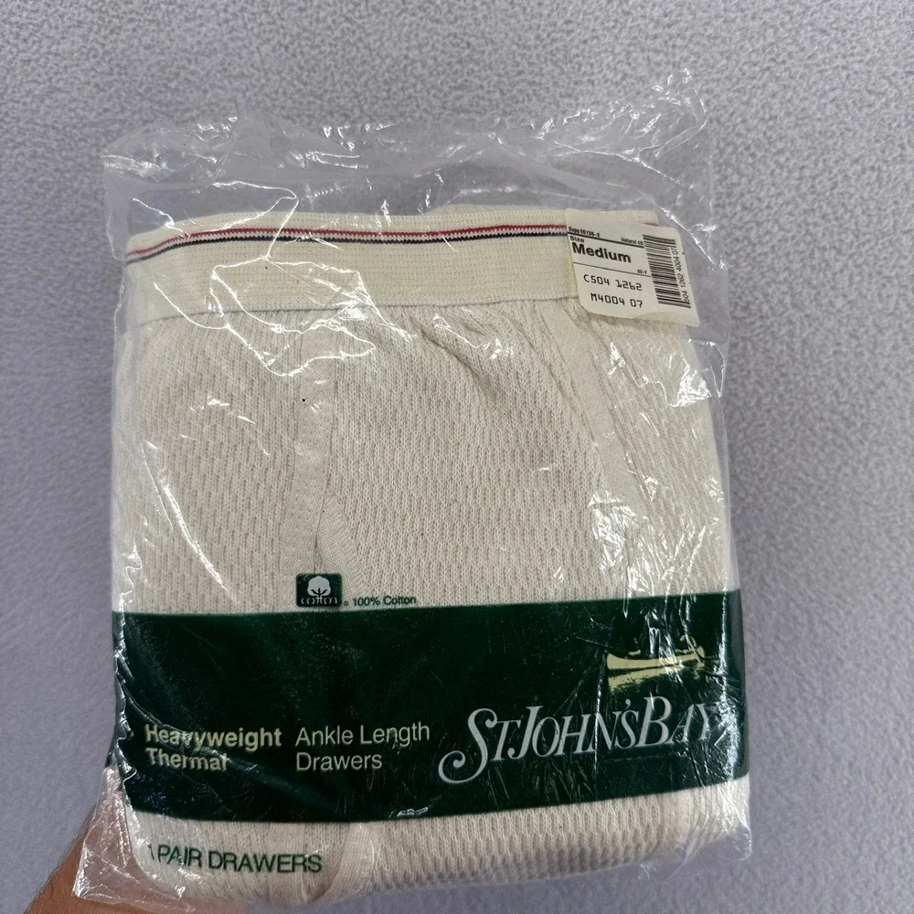 St Johns Bay Thermal Drawers Mens Medium Cream Longjohns Ankle USA Made 90s NEW